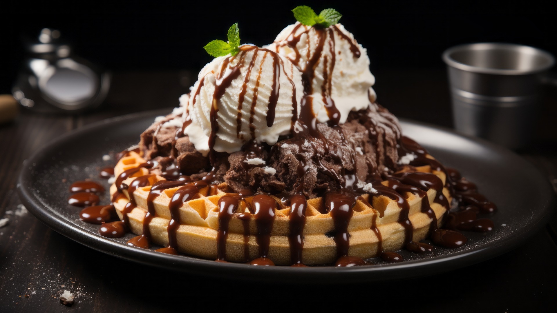 Runde Waffel mit Eiscreme und flüssiger Schokoladensoße